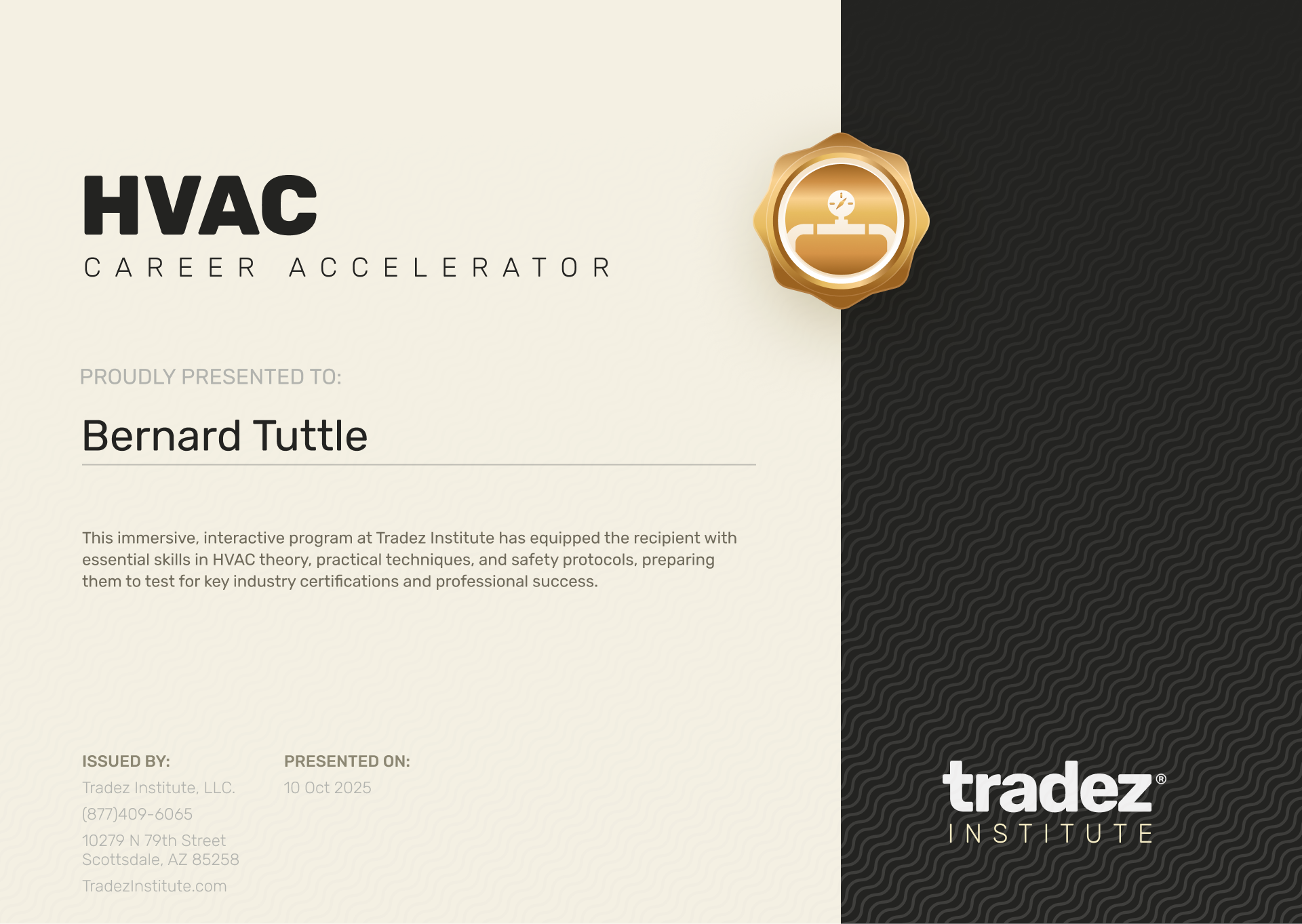 Tradez Institute Certificate of Completion for Online Trade Programs
